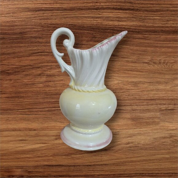 Vintage USA Ceramic Pitcher With Pink Roses Floral Relief Yellow-Pink Gradient 1 - Picture 2 of 8